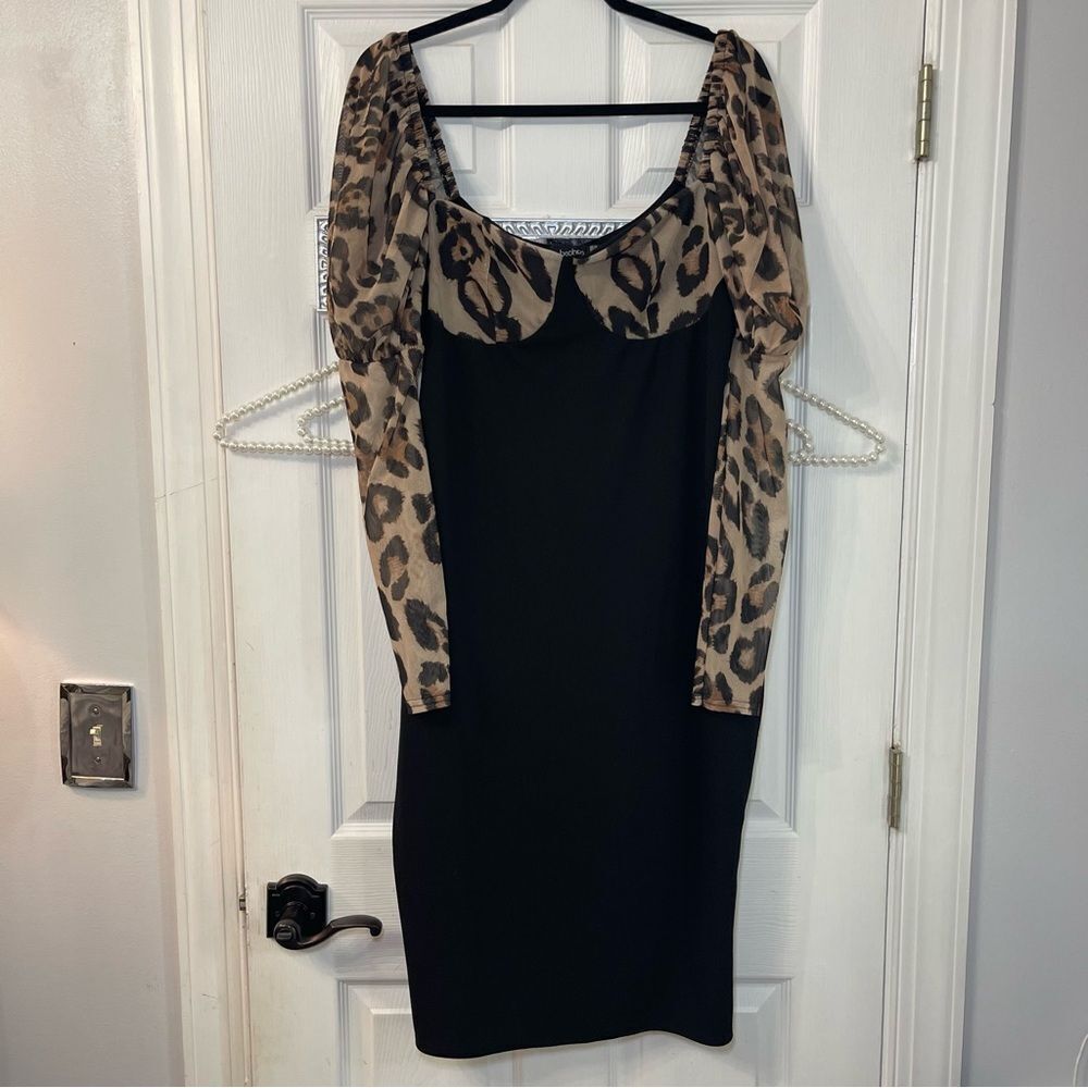 Boohoo Black Dress with Leopard Print Mesh Sleeves